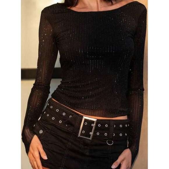 Women's Summer Flash Round Neck Long Sleeves Slim Mesh Tulle T-Shirt Going Out C - Picture 5 of 8